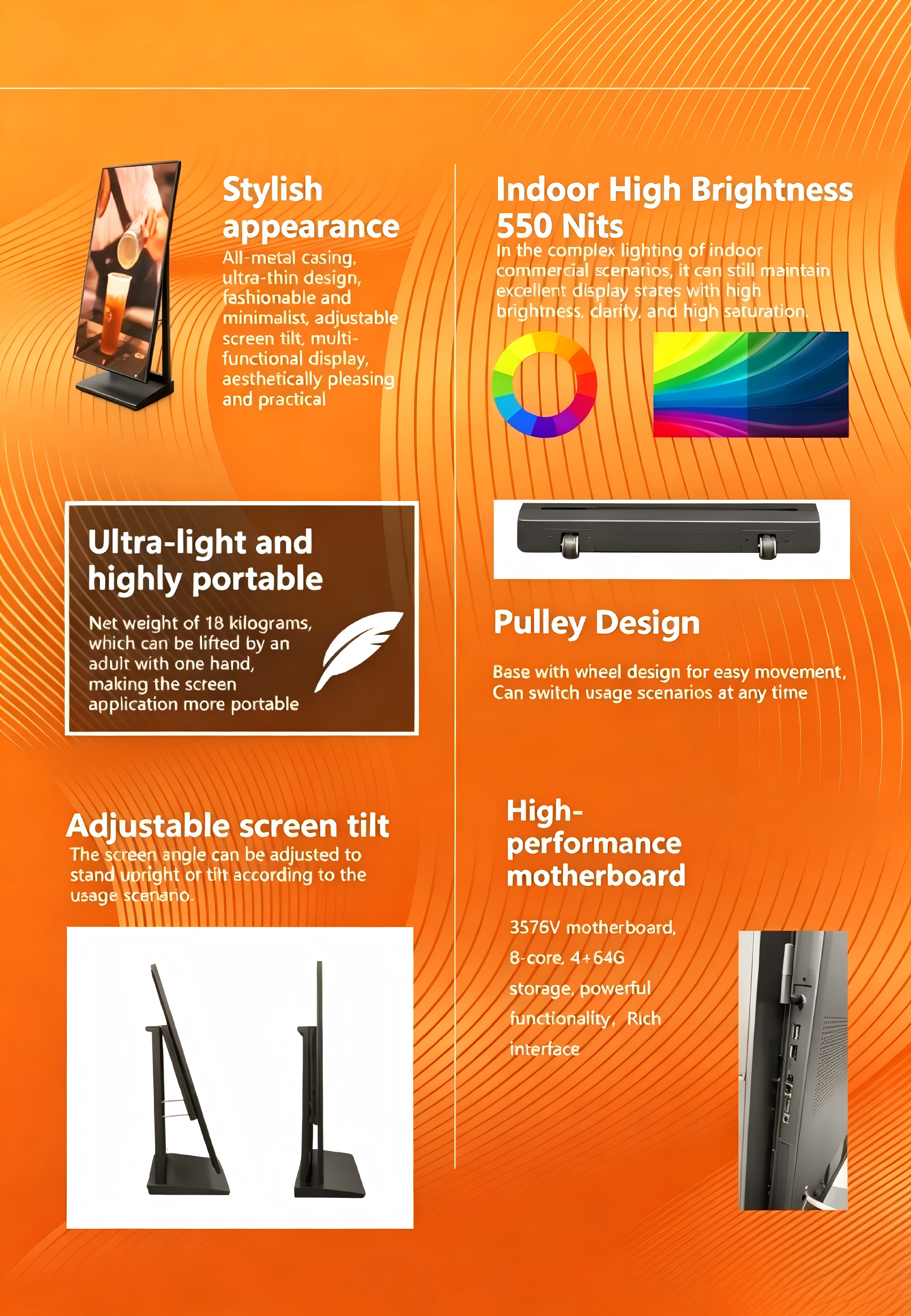 ✨ 3UVIEW 43" Portable Floor-Standing Digital Signage
Transform any retail space into a high-impact advertising stage with the 3UVIEW 43-inch indoor digital signage, built to grab attention in malls, brand boutiques, and supermarkets.
Vivid, Eye-Catching Displays: A 550-nit high-brightness LCD screen delivers crisp, saturated visuals that pop even in bright indoor environments—perfect for showcasing product promotions, menu boards, and brand stories that stop customers in their tracks.
Effortless Flexibility & Mobility: Its ultra-lightweight all-metal frame and pulley base let you move it anywhere in seconds, while the adjustable screen tilt adapts to any viewing angle for maximum impact in every scenario.
Powerful, Seamless Performance: Equipped with an 8-core processor, 4GB RAM, and 64GB storage, it ensures smooth, lag-free playback. Rich connectivity and plug-and-play functionality make content updates quick and hassle-free.
Sleek, Durable Design: The ultra-thin, minimalist build complements any modern space, while comprehensive protection keeps it running reliably in high-traffic commercial areas.