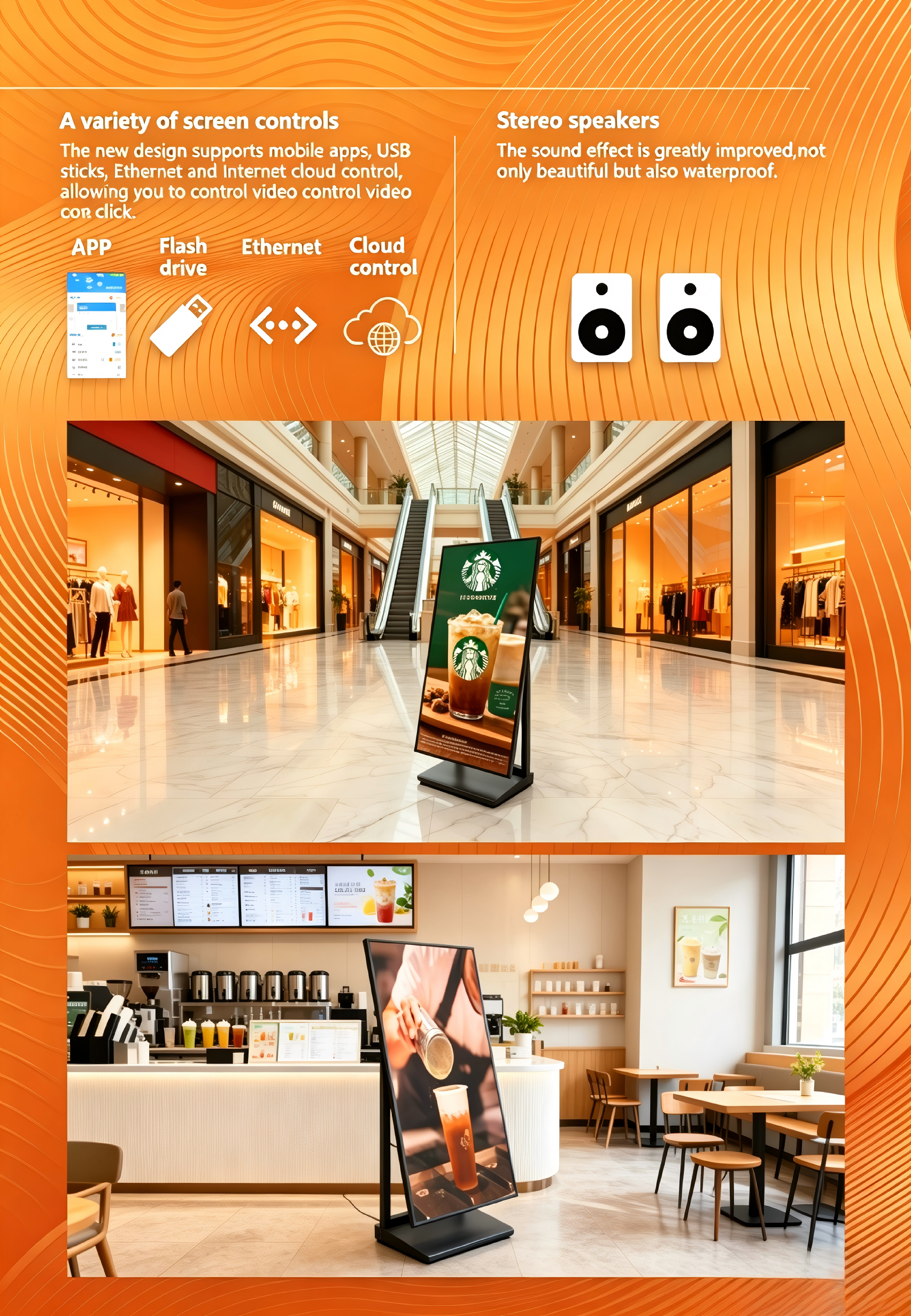 3UVIEW 43" Smart Floor-Standing Digital Signage
Multi-Mode Control: Manage content effortlessly via mobile APP, USB, Ethernet, or cloud control—update ads with just one click.
Immersive Stereo Sound: Enhanced, waterproof stereo speakers deliver rich audio to complement your visuals.
Versatile Commercial Use: Ideal for shopping malls, cafes, retail stores, and fast-food chains to display promotions, menus, and brand campaigns.
Plug-and-Play Convenience: Easy setup and seamless integration into any indoor commercial environment.